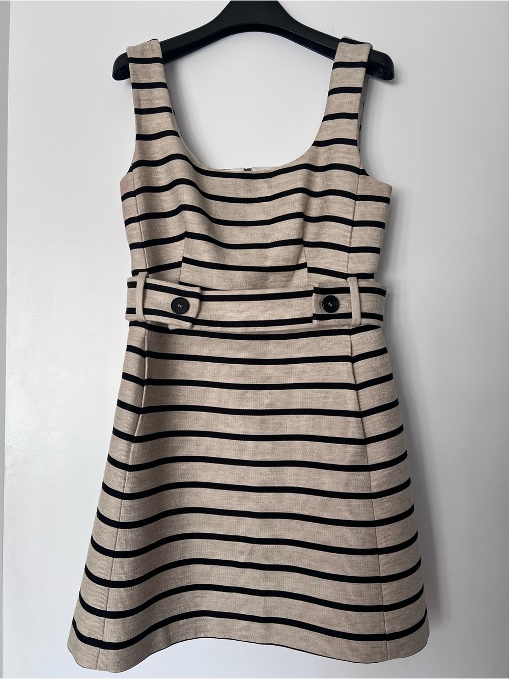 Sleeveless Beige and Black Striped Mini Dress with Decorative Belt